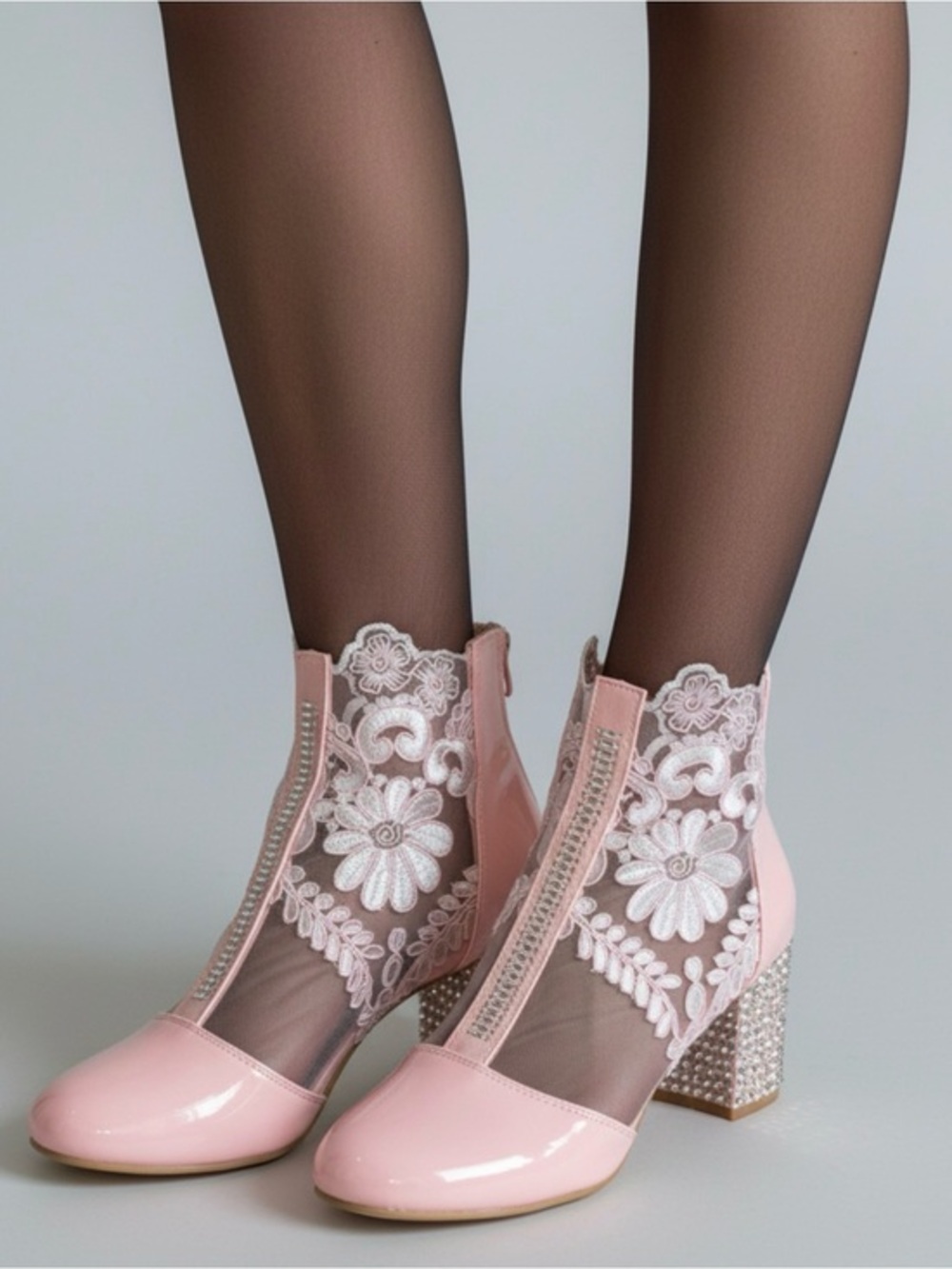 🫶🏻 Women's Pink Lace & Patent Block Heel Ankle Boots